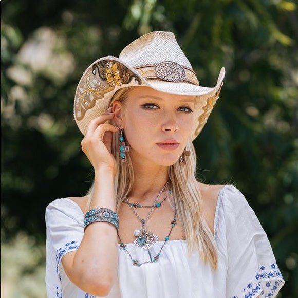 Women's Straw Cowboy Hat | Stampede | Rhinestones | Yellow Flowers