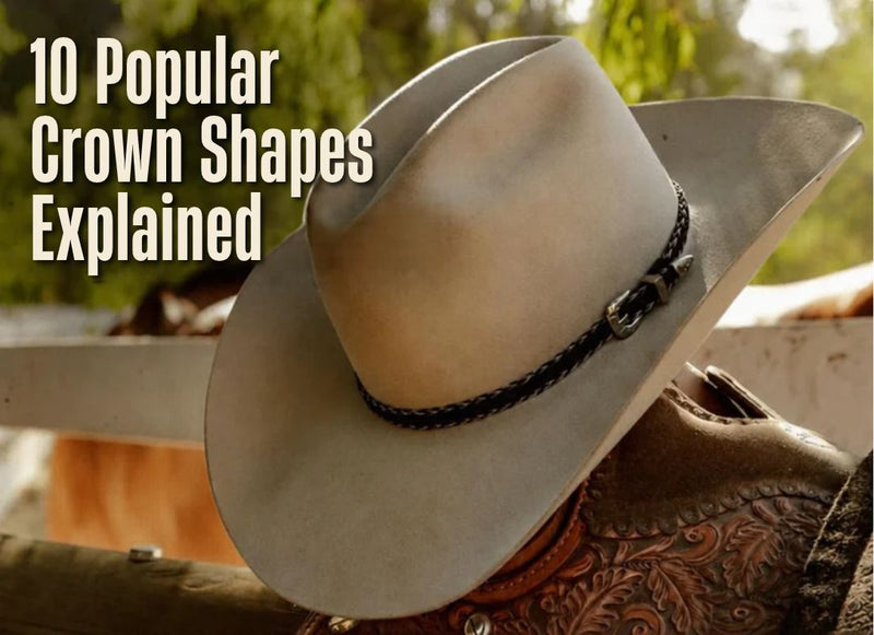 Cream cowboy hat with a dark braided band rests on a saddle beside the text ‘10 Popular Crown Shapes Explained.