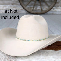 Cream wide-brim hat with turquoise and multicolor beaded amazonite hat band