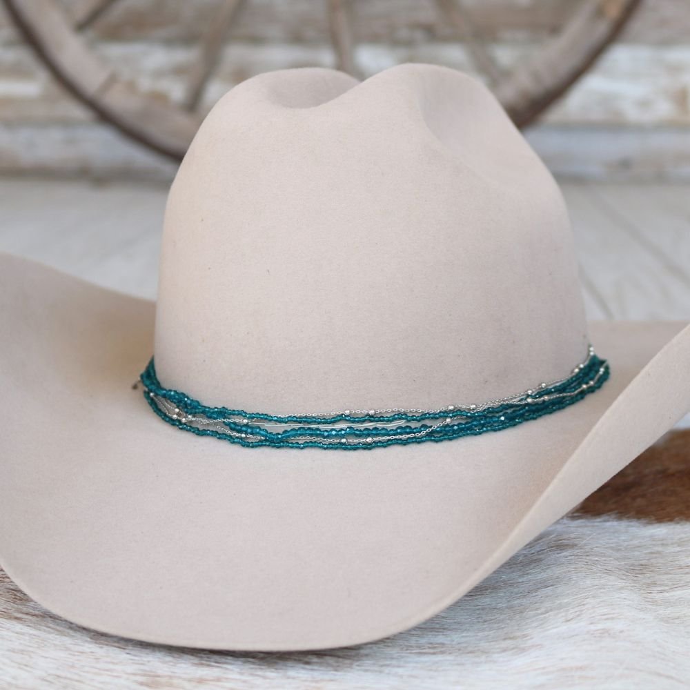 Beaded Hat Band Teal, White & Gun Metal w/ Vegan Leather Beaded Hat Band Teal, White & Gun Metal w/ Vegan Leather main image 4