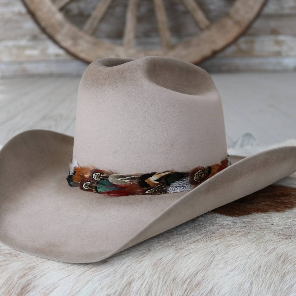 Western feather hat band, Vistoso, on light tan cowboy hat with colorful feather trim