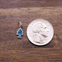 Turquoise inlay arrowhead charm next to a US quarter for size reference