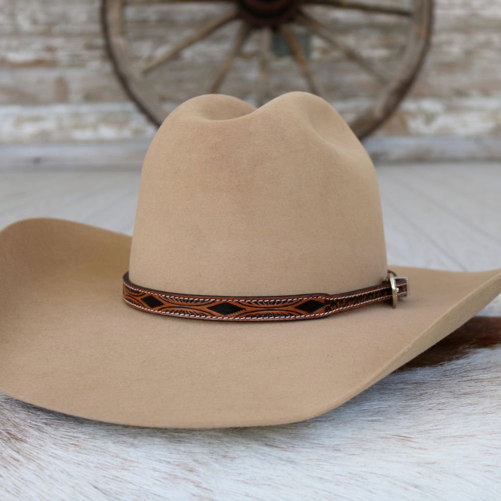 Brown Tooled Diamond & Feather Pattern Leather Hat Band