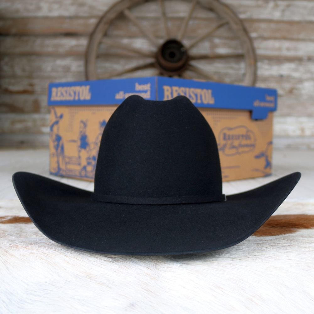 Black wool cowboy hat with low crown and wide curved brim