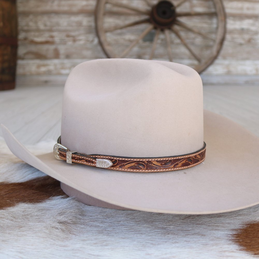 Brown Tooled Floral Leather Buckle Hat Band - Cody