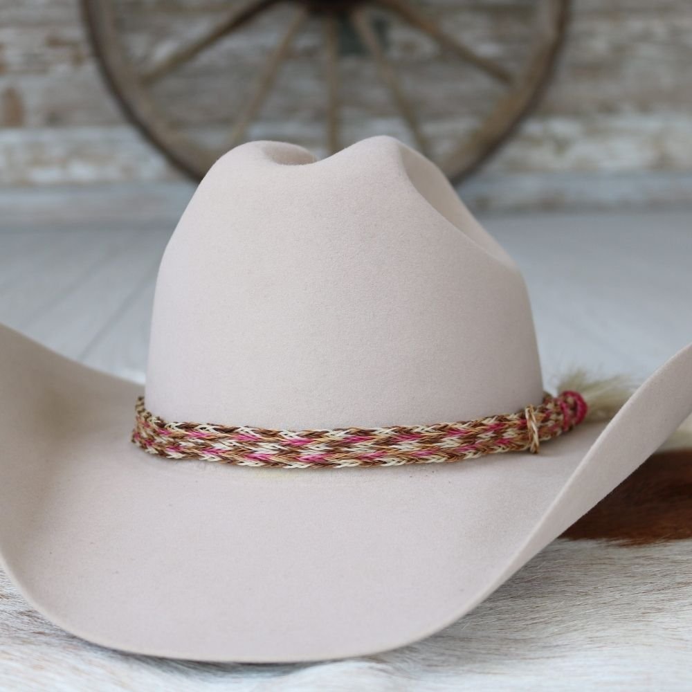 Genuine Horsehair 6 Strand Braided Hat Band with Single Tassel - Pink