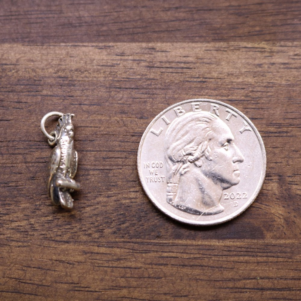 Sterling silver cockatoo charm shown beside a coin for size, bird details visible