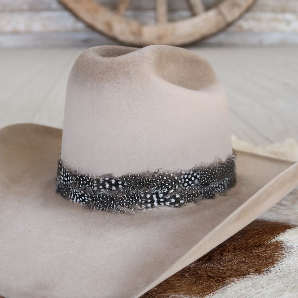 Cream felt cowboy hat with dark speckled feather band, view from above