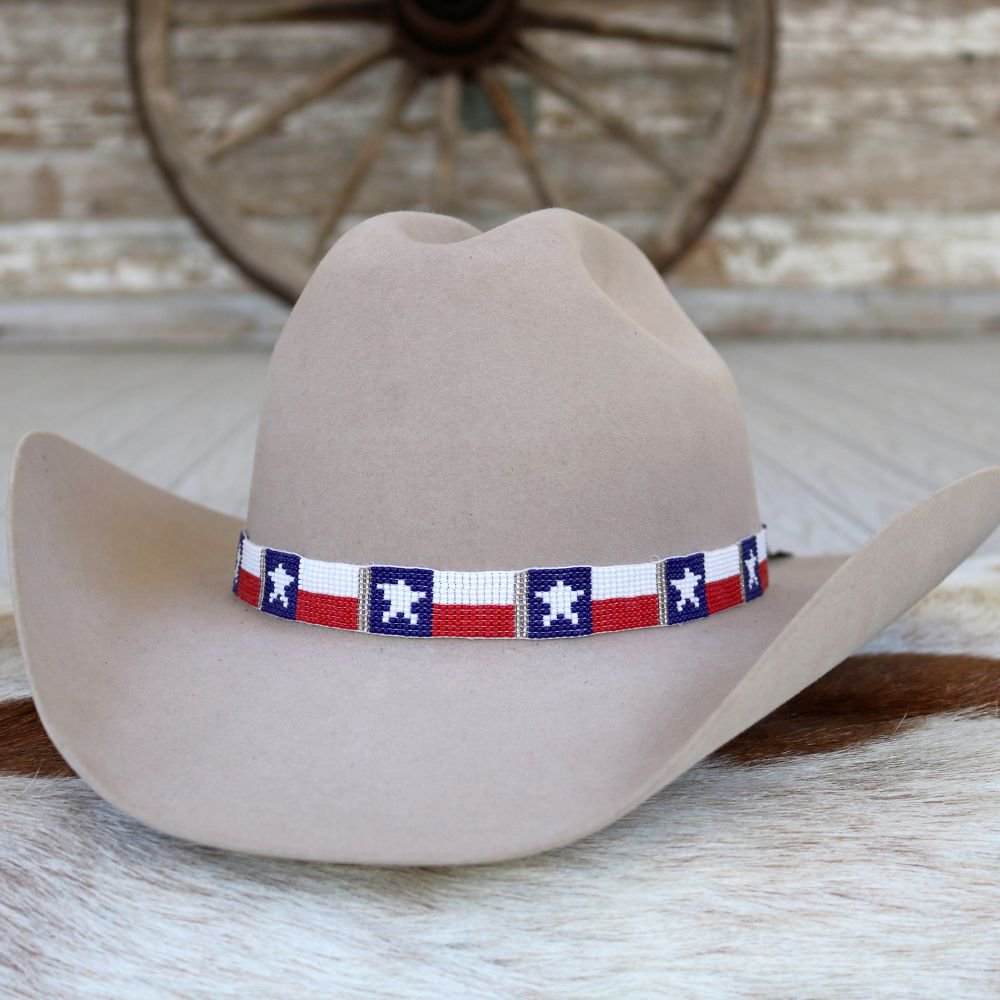 Beaded hat band with Texas flag pattern in red, white, and blue