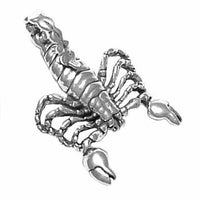 Sterling silver scorpion pendant with detailed claws and curled tail