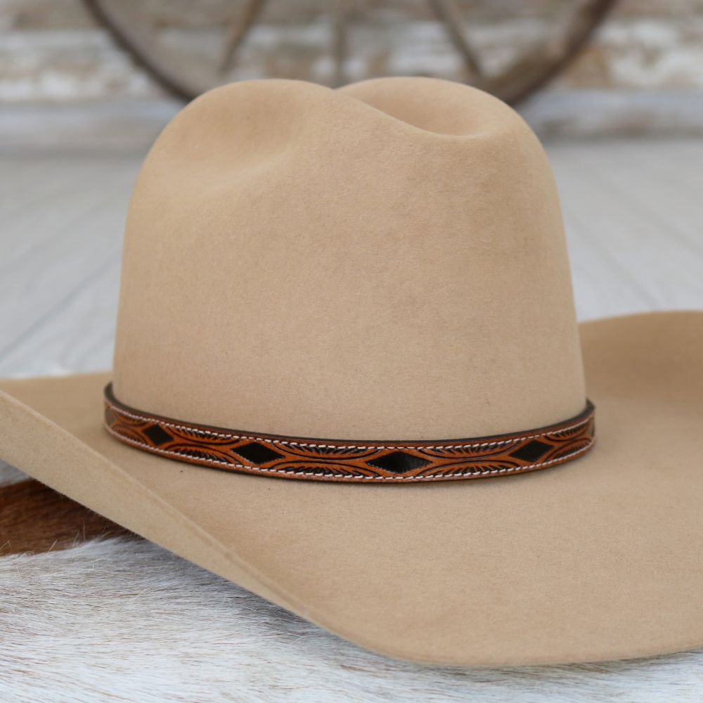 Brown Tooled Diamond & Feather Pattern Leather Hat Band