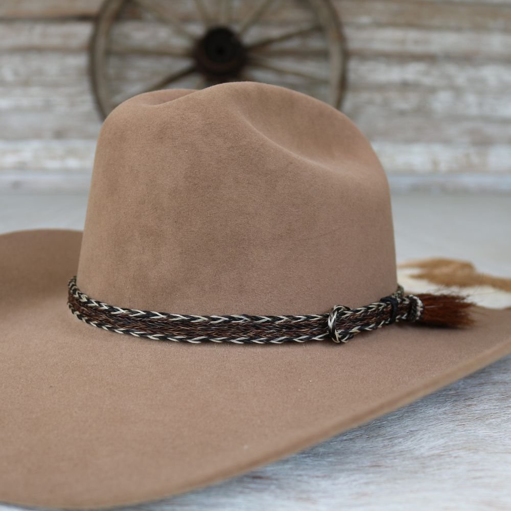 Tan felt cowboy hat with dark braided hat band and small side tassel