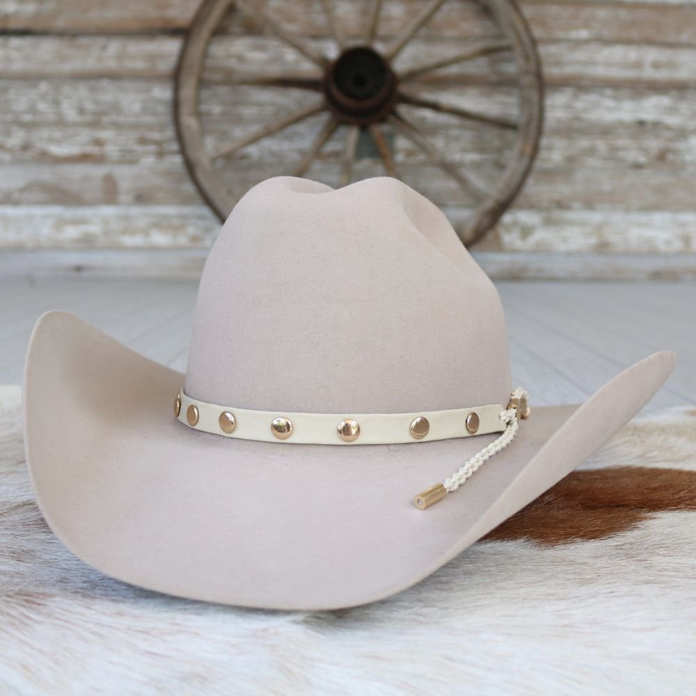 Cream Studded Goat Leather Hat Band