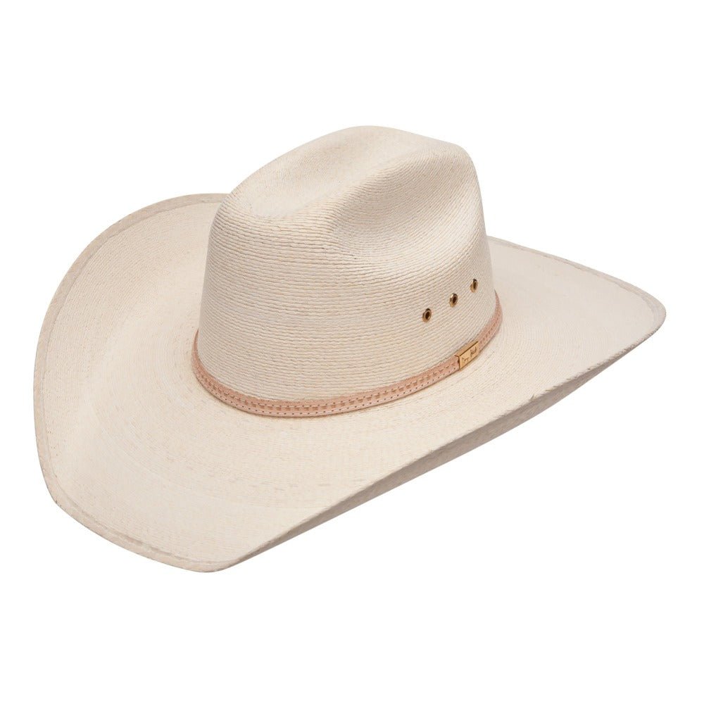 Palm leaf cowboy hat in light cream with brown band and eyelet vents on crown