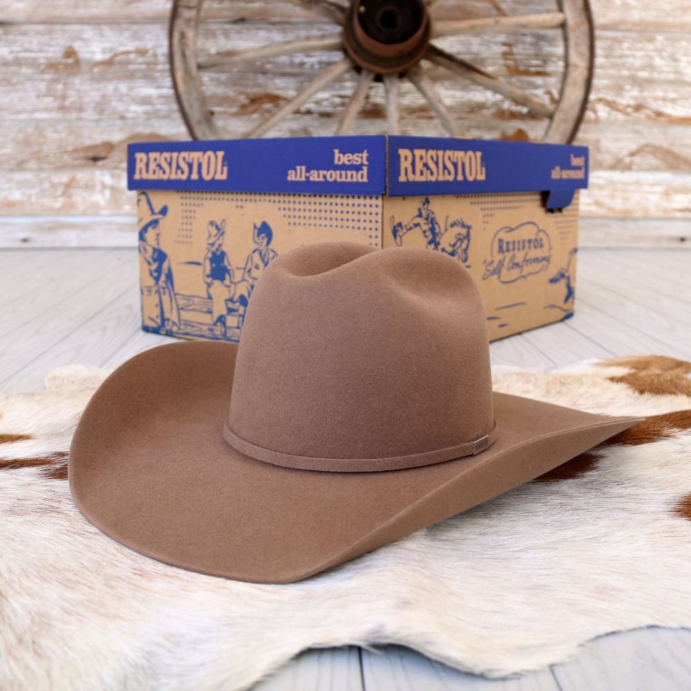 Tan fur felt cowboy hat with flat center crease and wide brim