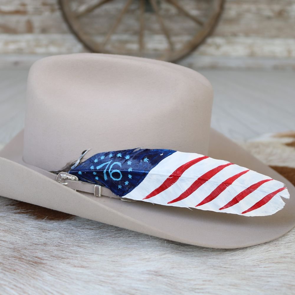 Western Hat Feather with 76 Bennington American Flag Hand-Painted