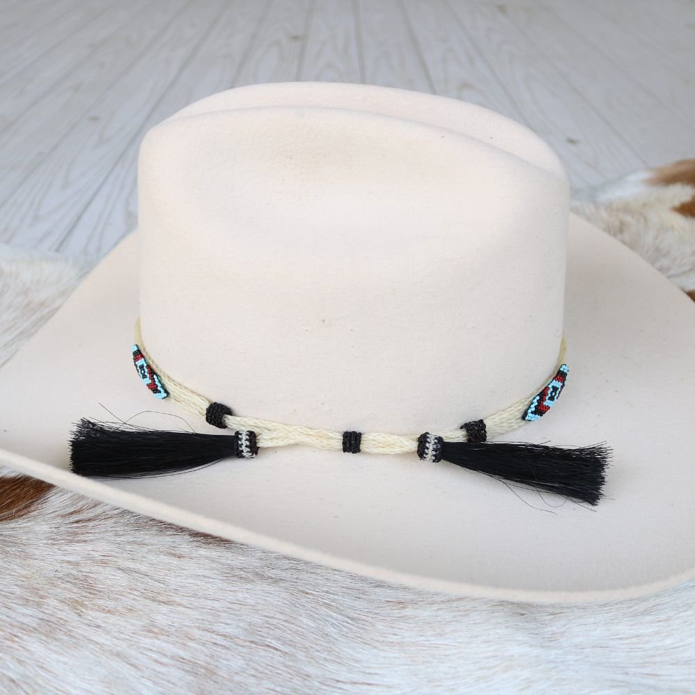 Genuine Horsehair 5 Strand Beaded Hat Band with Double Tassel