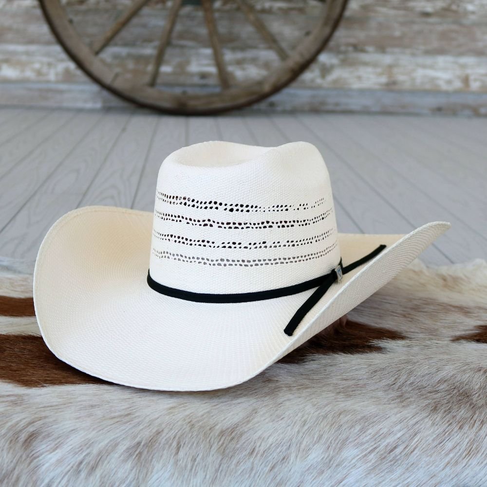 White straw cowboy hat with black band, stitched crown, and wide brim