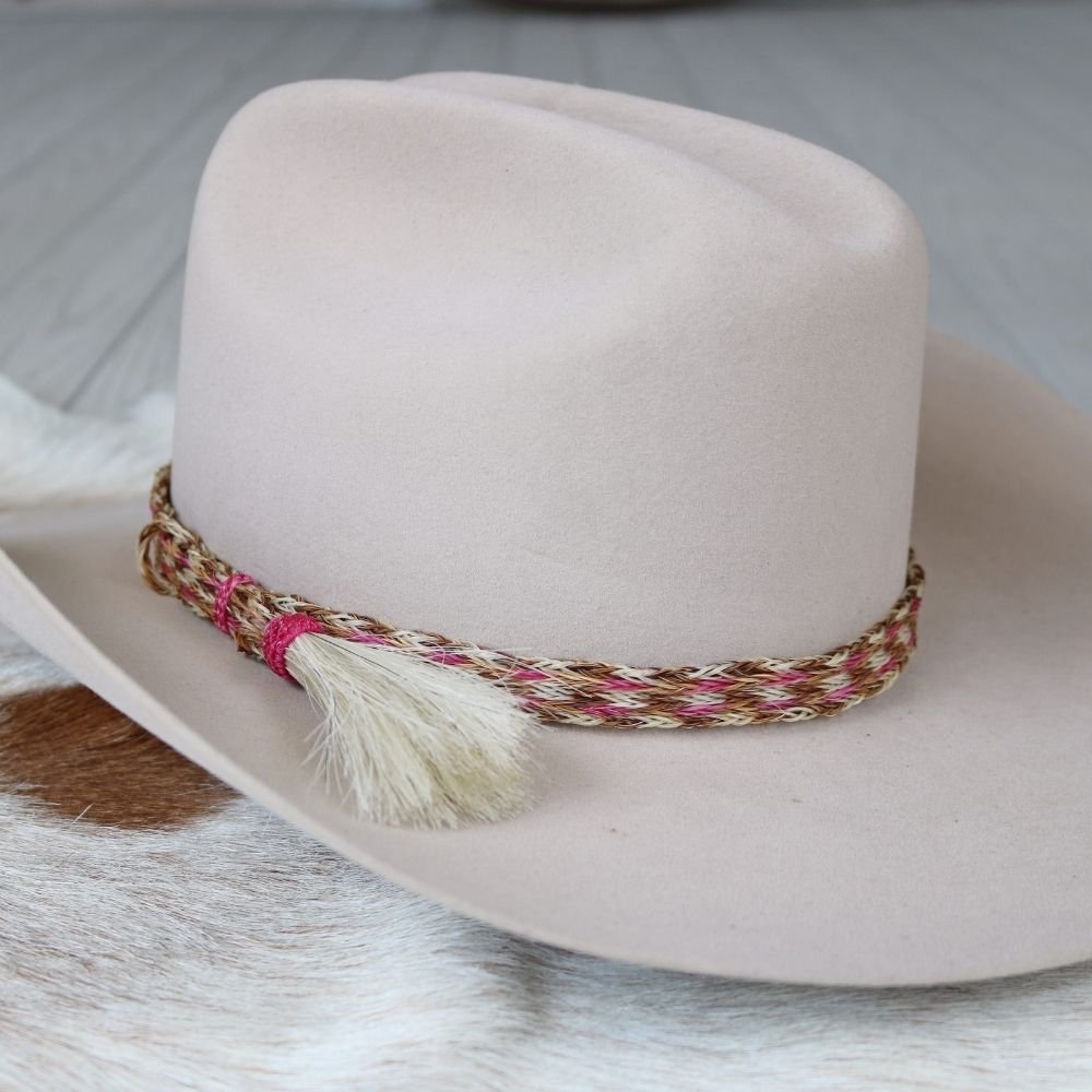 Genuine Horsehair 6 Strand Braided Hat Band with Single Tassel - Pink