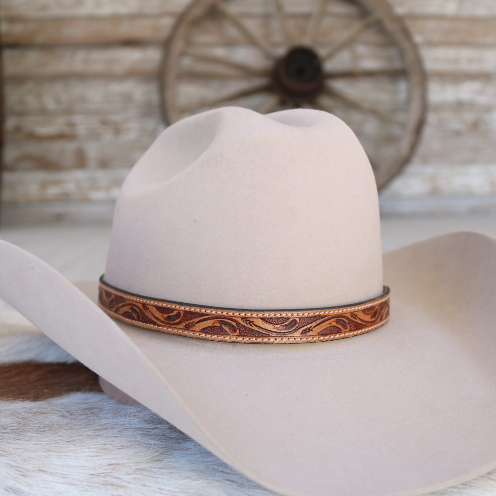 Brown Tooled Floral Leather Buckle Hat Band - Cody