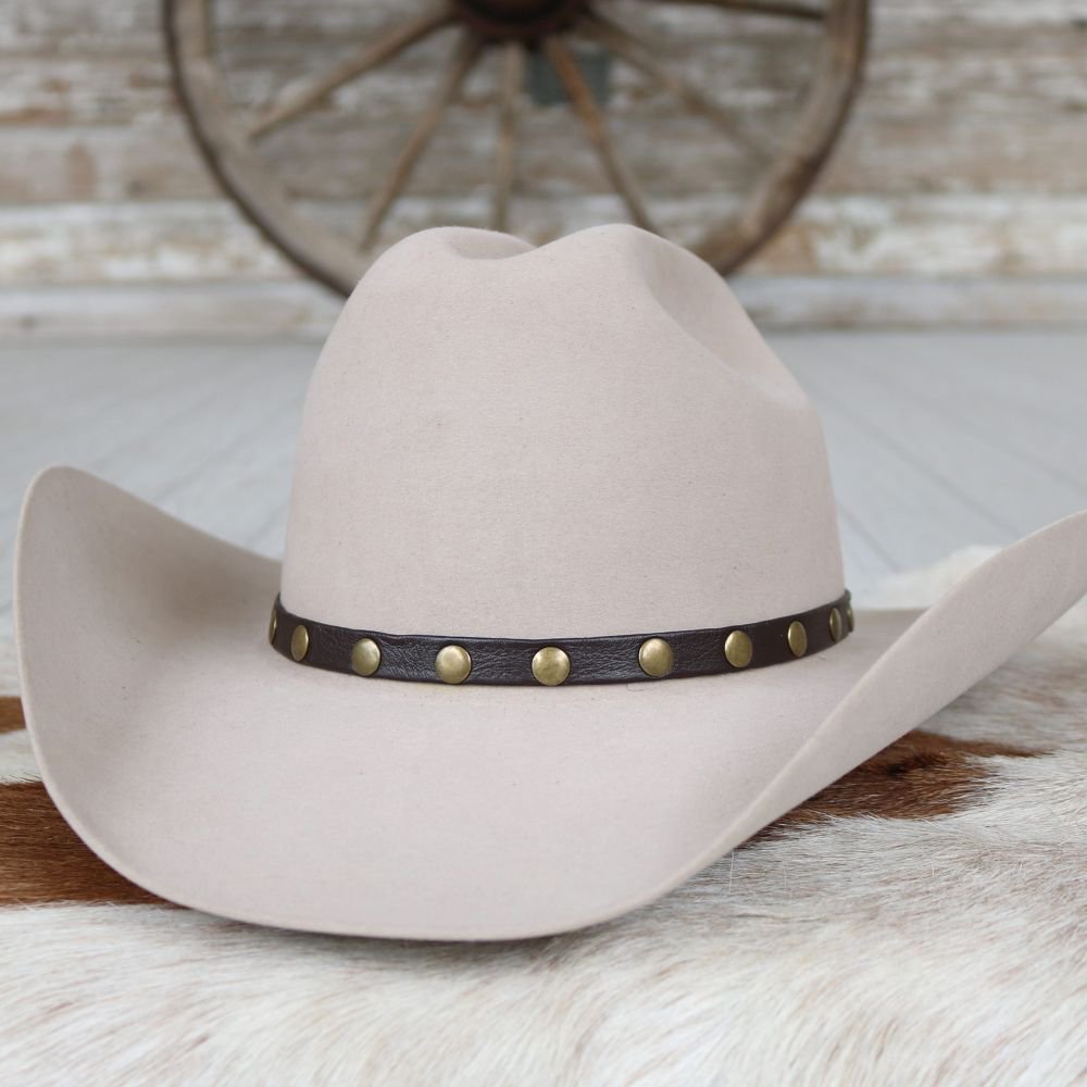 Goat leather hat band with gold studs on dark strap, on a light cowboy hat