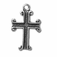 Sterling silver cross charm pendant with top loop and decorative corner scrolls