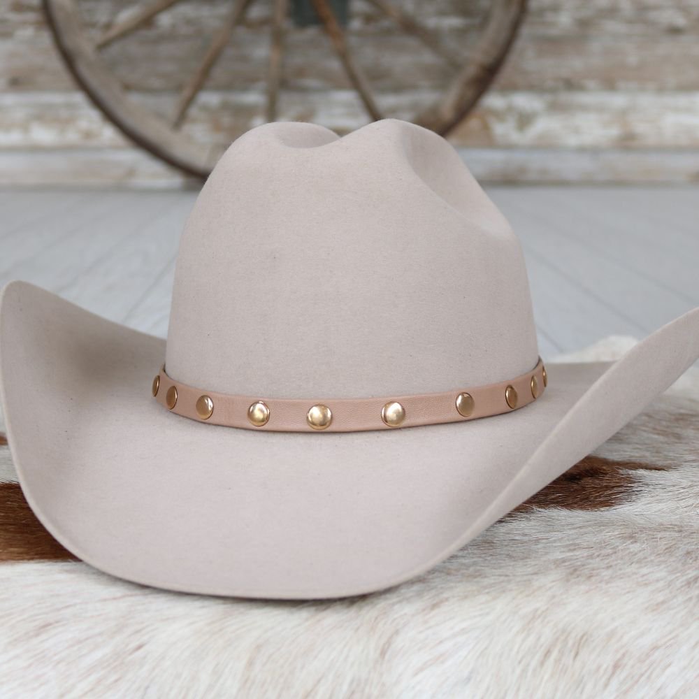 Light taupe felt cowboy hat with gold-studded leather hat band