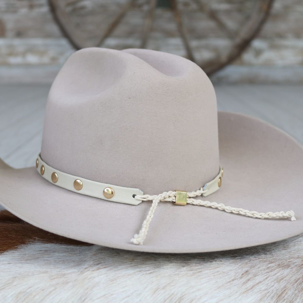Cream Studded Goat Leather Hat Band