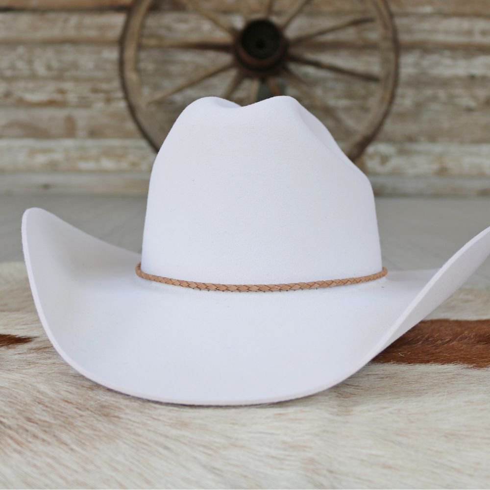 White cowboy hat with tan braided leather hat band around the crown