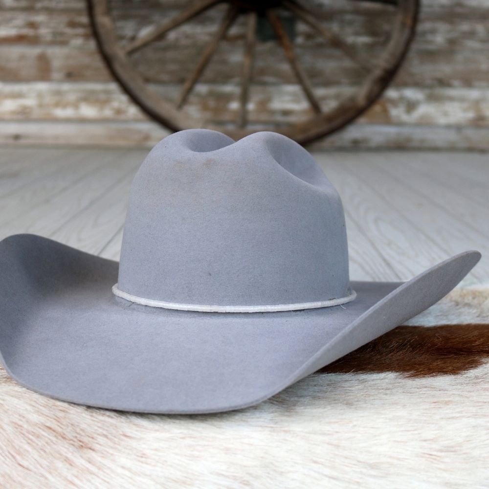 Gray wide-brim cowboy hat with curved brim and creased crown