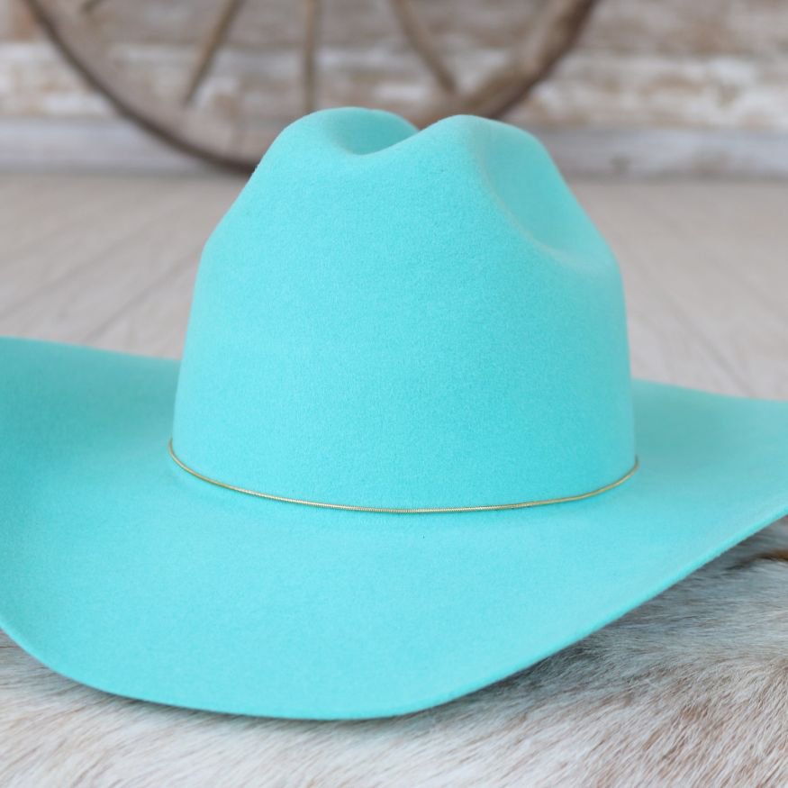 Blue felt hat with thin gold-tone chain band around the crown base