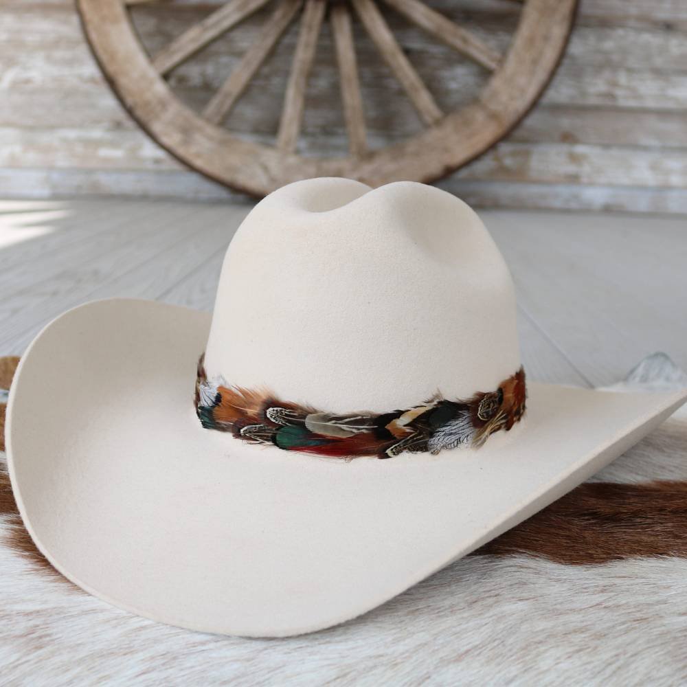Western feather hat band, Vistoso, on cream cowboy hat with multicolor feather band
