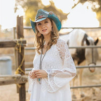 Women's Straw Cowboy Hat | Stampede | Blue | Floral Design