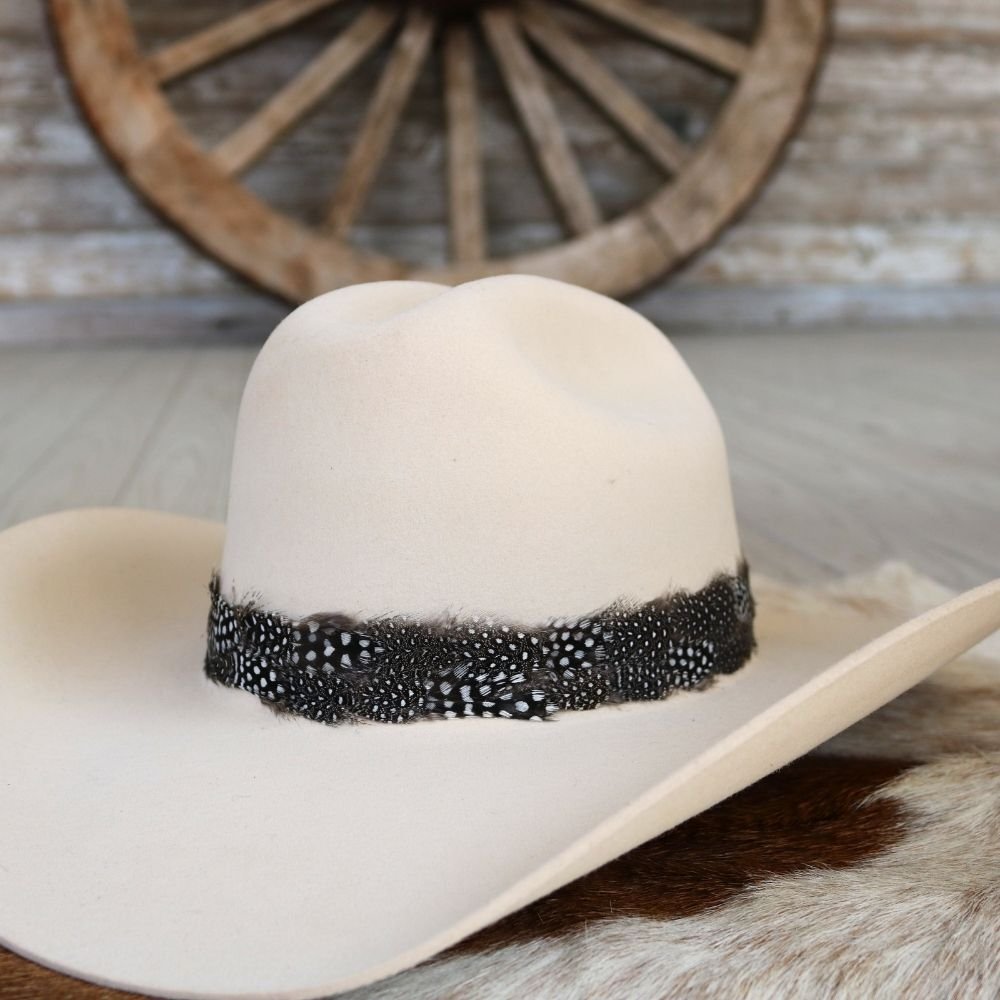Cream felt cowboy hat with dark feather band and curved brim