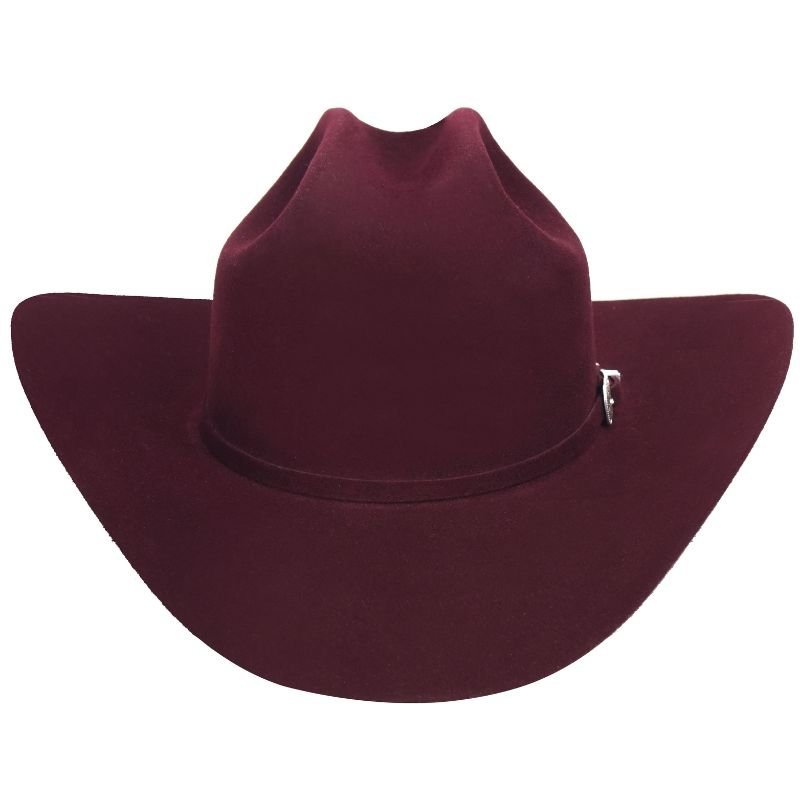 Burgundy fur felt cowboy hat, centered view of wide brim and tall crown.