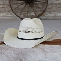 White youth straw cowboy hat with black band and braided ribbon trim