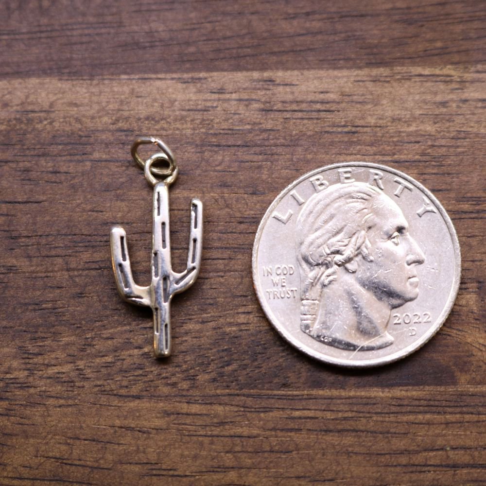 Sterling silver cactus charm pendant next to a US quarter for scale