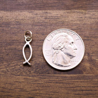 Sterling silver fish charm pendant next to a coin for size