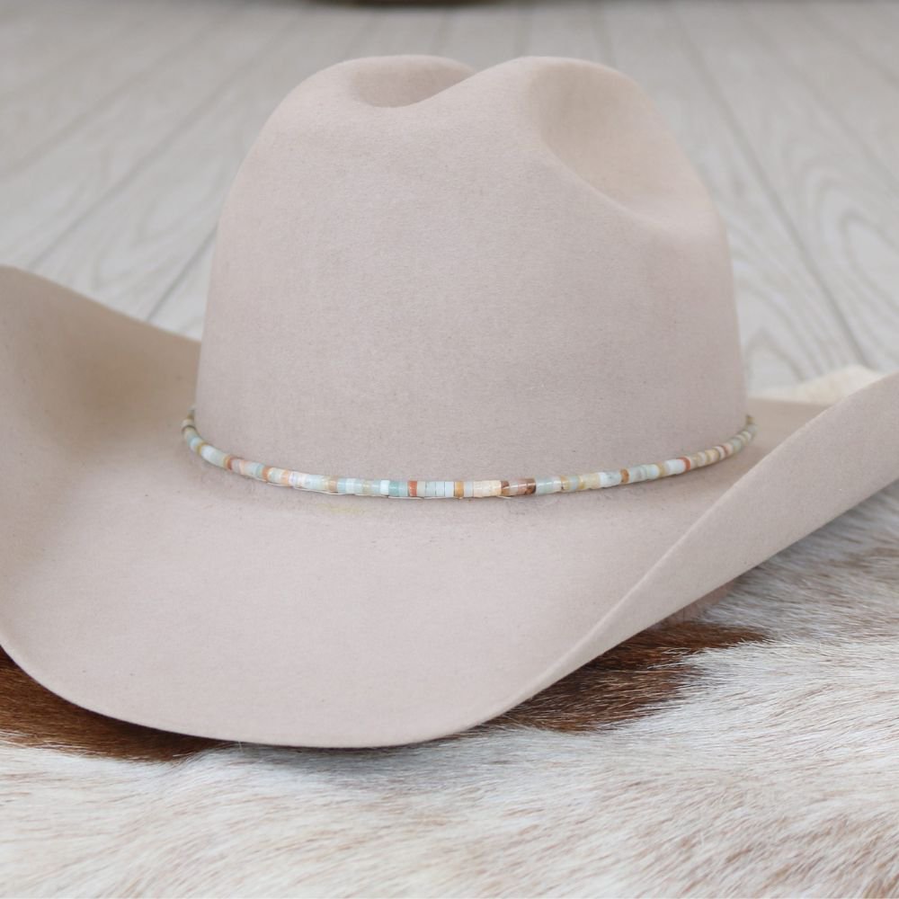 Light beige wide-brim hat with turquoise and white beaded amazonite hat band