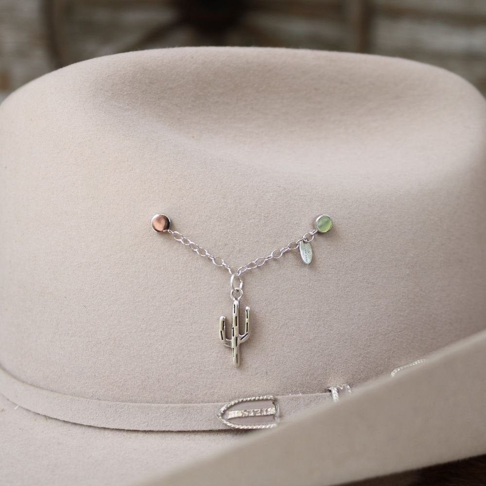 Sterling silver cactus charm necklace on chain with green and pink bead accents