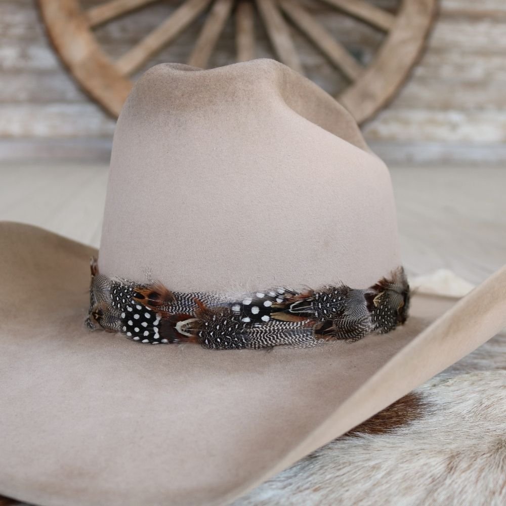 Tan cowboy hat with spotted feather hat band around crown