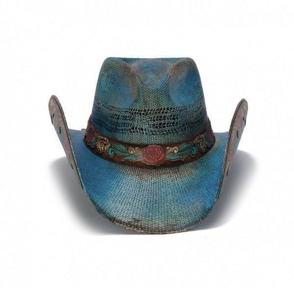 Women's Straw Cowboy Hat | Stampede | Blue | Floral Design