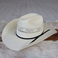 White youth straw cowboy hat, black band, wide brim with braided band detail
