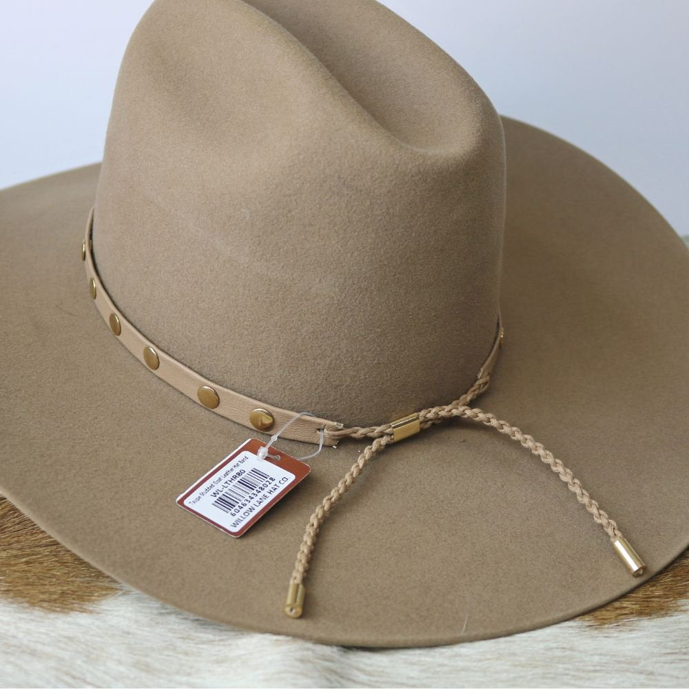 Taupe studded goat leather hat band on felt hat, gold studs and braided ties