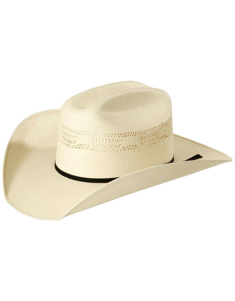 Ivory straw cowboy hat with dark band, wide brim and stitched crown
