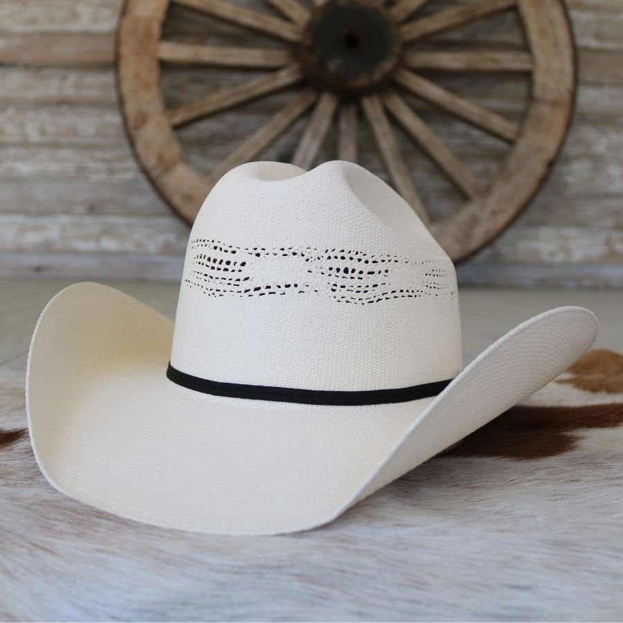 Ivory straw cowboy hat with perforated crown and black band
