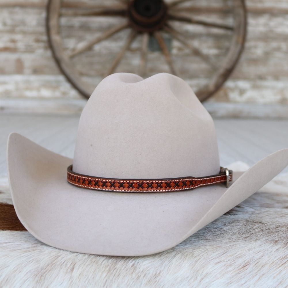 Brown Tooled Cross Stitch Pattern Leather Hat Band
