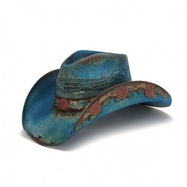 Women's Straw Cowboy Hat | Stampede | Blue | Floral Design