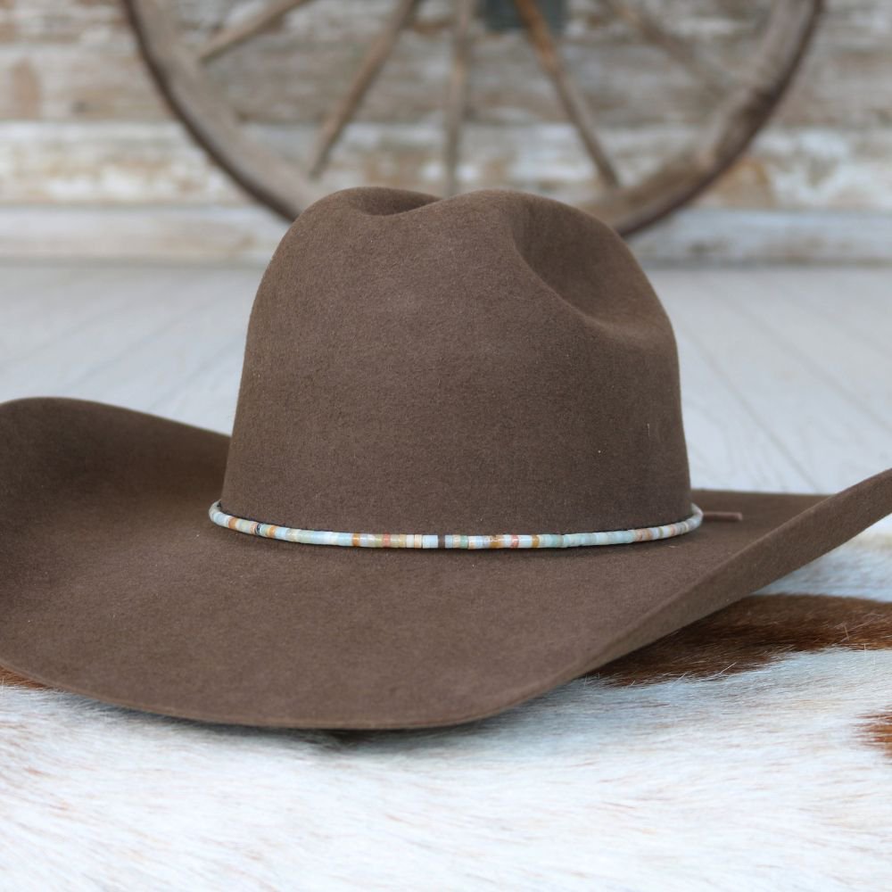 Dark brown wide-brim hat with turquoise and multicolor beaded hat band