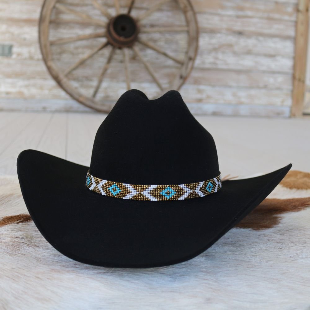 Beaded Hat Band Turquoise Diamond & Bronze